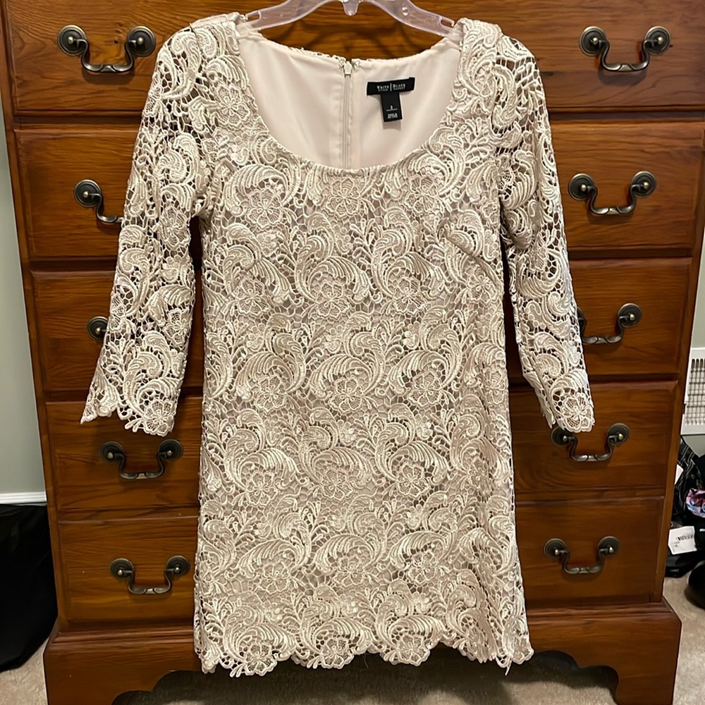 Champagne colored lace cocktail dress